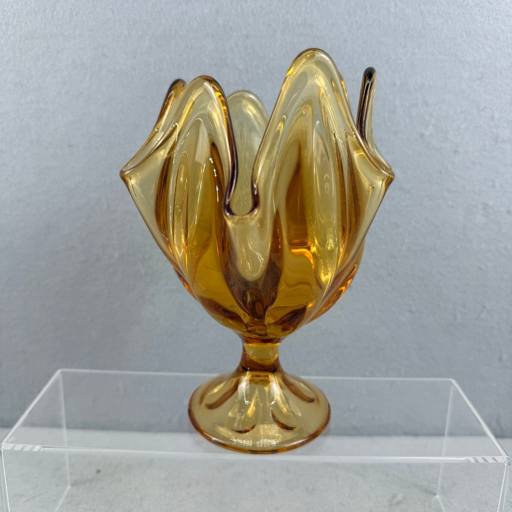 Viking Amber Art Glass Pedestal Vase Handkerchief Swung Rim Mid Century